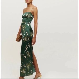 Reformation Frankie Silk slip maxi green floral Dress Buena